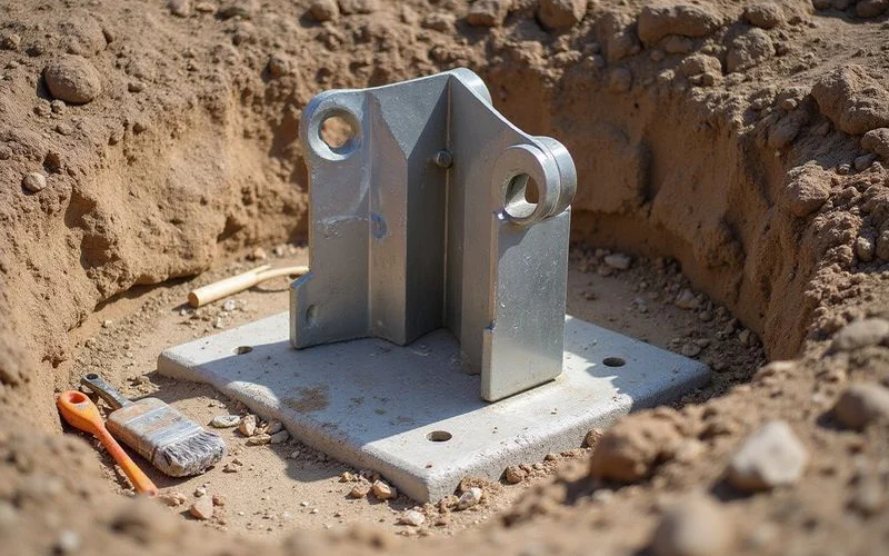 Steel pier bracket staged next to an exposed concrete footing in an open excavation