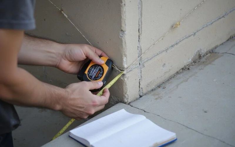 String line across a retaining wall face with a tape measure recording outward movement