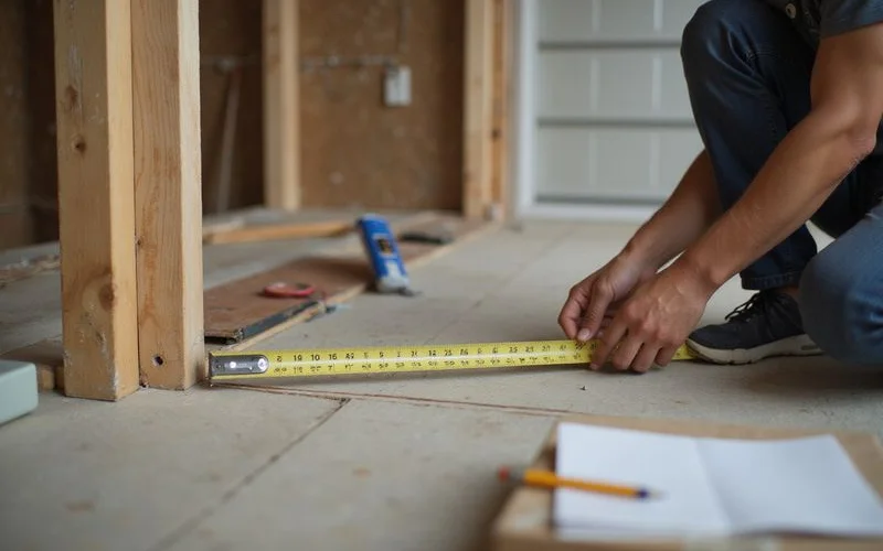 String line down a basement wall with a tape measure recording the offset