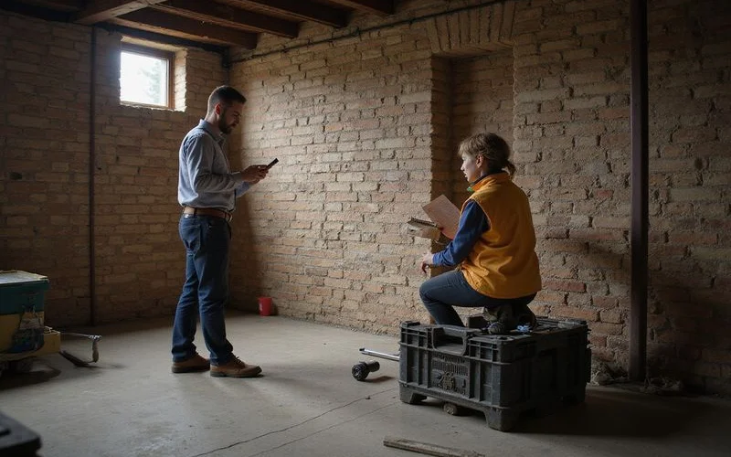Structural engineer taking notes and measurements at a historic masonry foundation wall