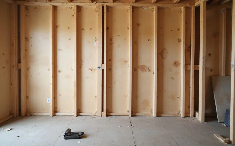 Plywood shear panel fastened to cripple wall studs with the nailing pattern visible