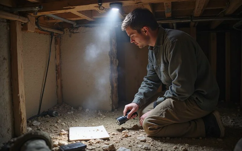 Technician probing a crawl space beam to test for soft decayed wood