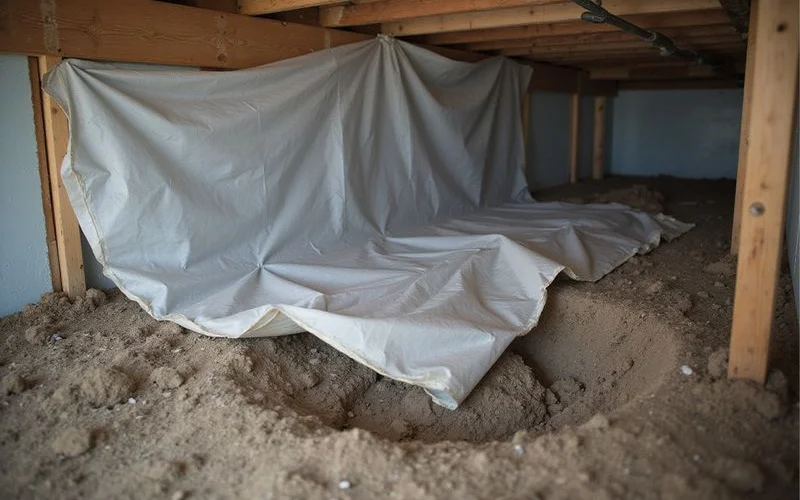 Torn old plastic sheeting pushed aside leaving bare damp crawl space soil exposed