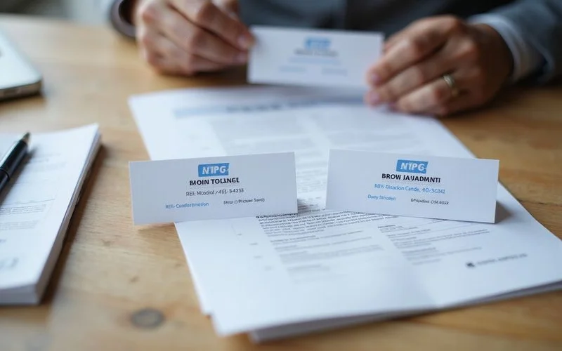 Two contractor business cards and a proposal cover page showing differing business names and numbers