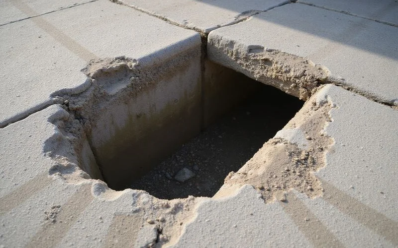 Washed-out void beneath a settled walkway slab
