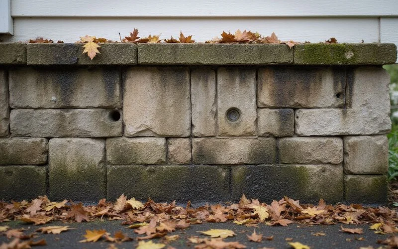 Water staining and clogged weep holes on a retaining wall face