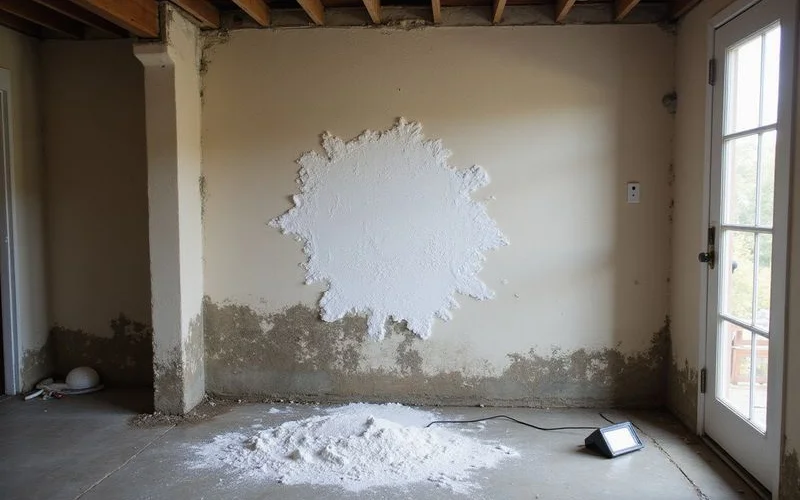 Efflorescence powder on a damp basement wall