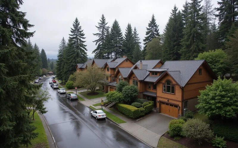 Wide view of a forested Seattle hillside neighbourhood under overcast sky