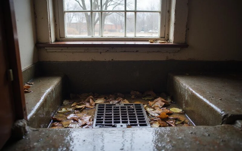 Window well filled with leaves and standing water beside a basement window