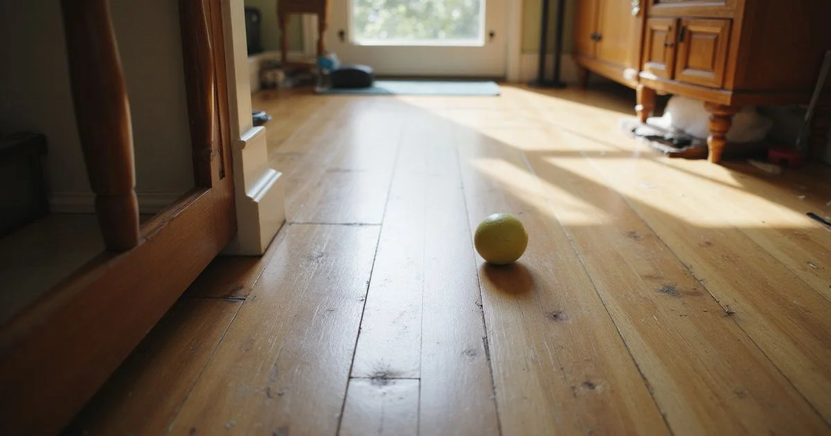 A ball resting off-centre on a visibly sloped hardwood floor in an older home