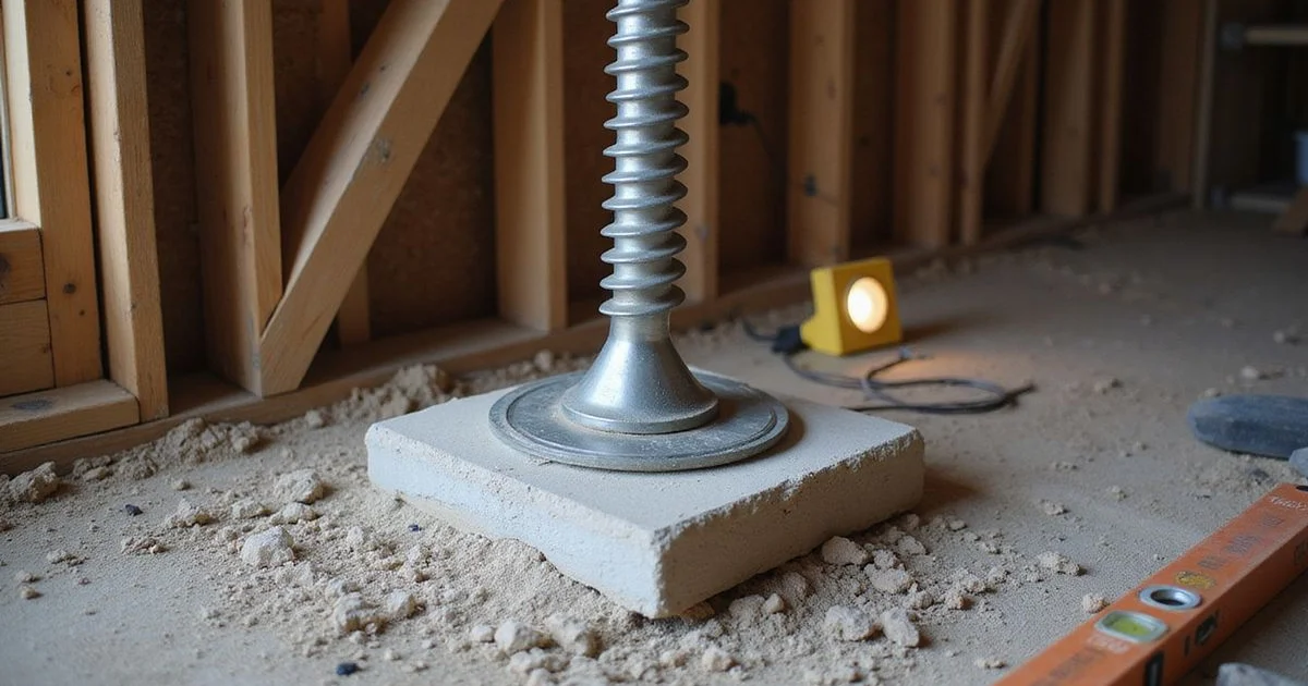 Adjustable steel screw jack supporting a girder in a crawl space