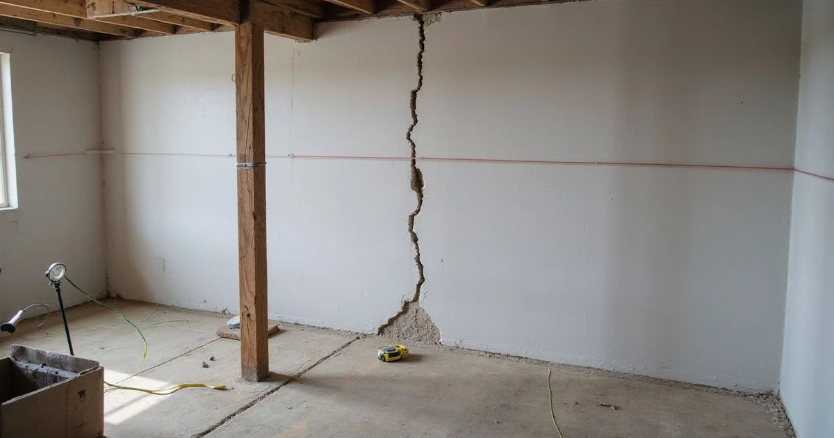 Basement wall bowing inward with a horizontal crack and a string line showing deflection