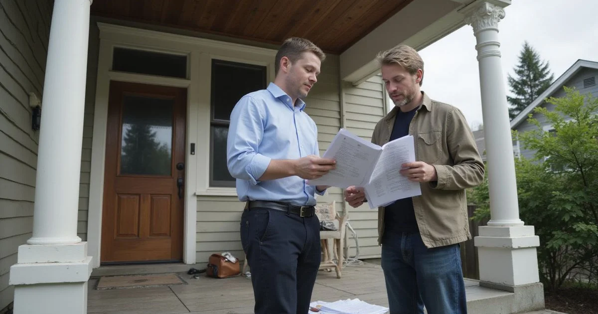 Buyer and agent reviewing repair records on the porch of a Seattle Craftsman house