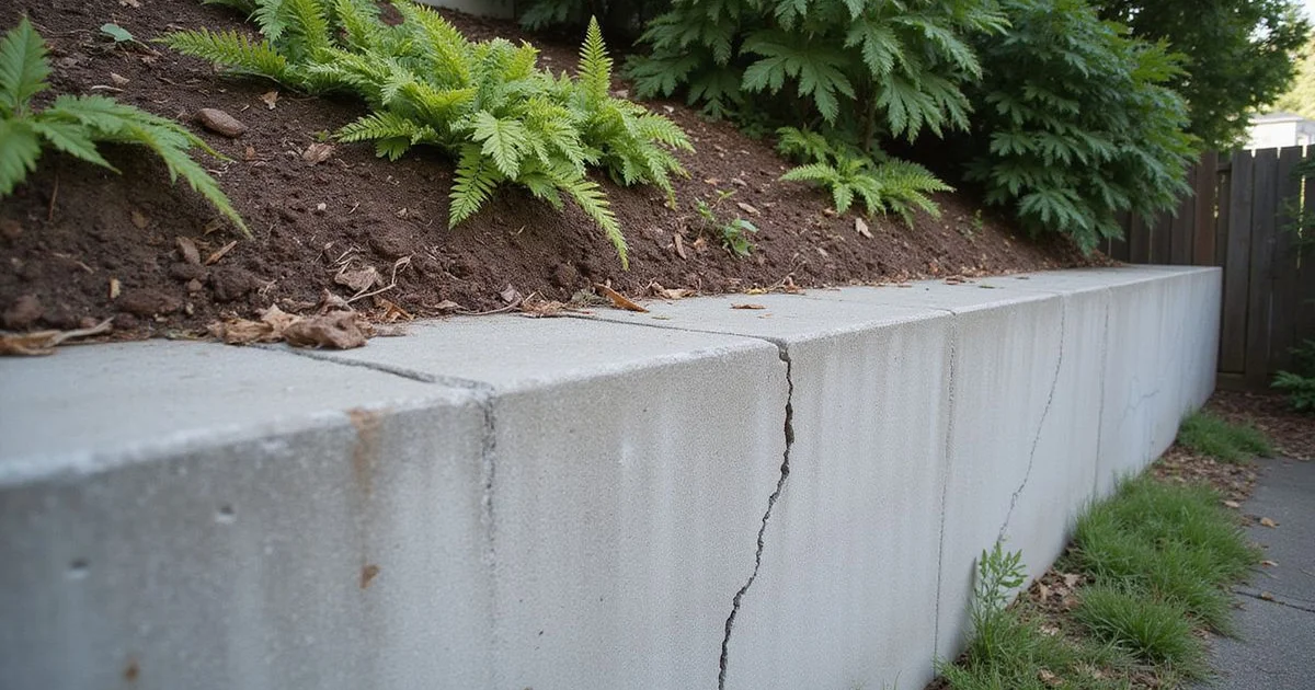 Concrete retaining wall leaning outward with a visible crack in a residential yard