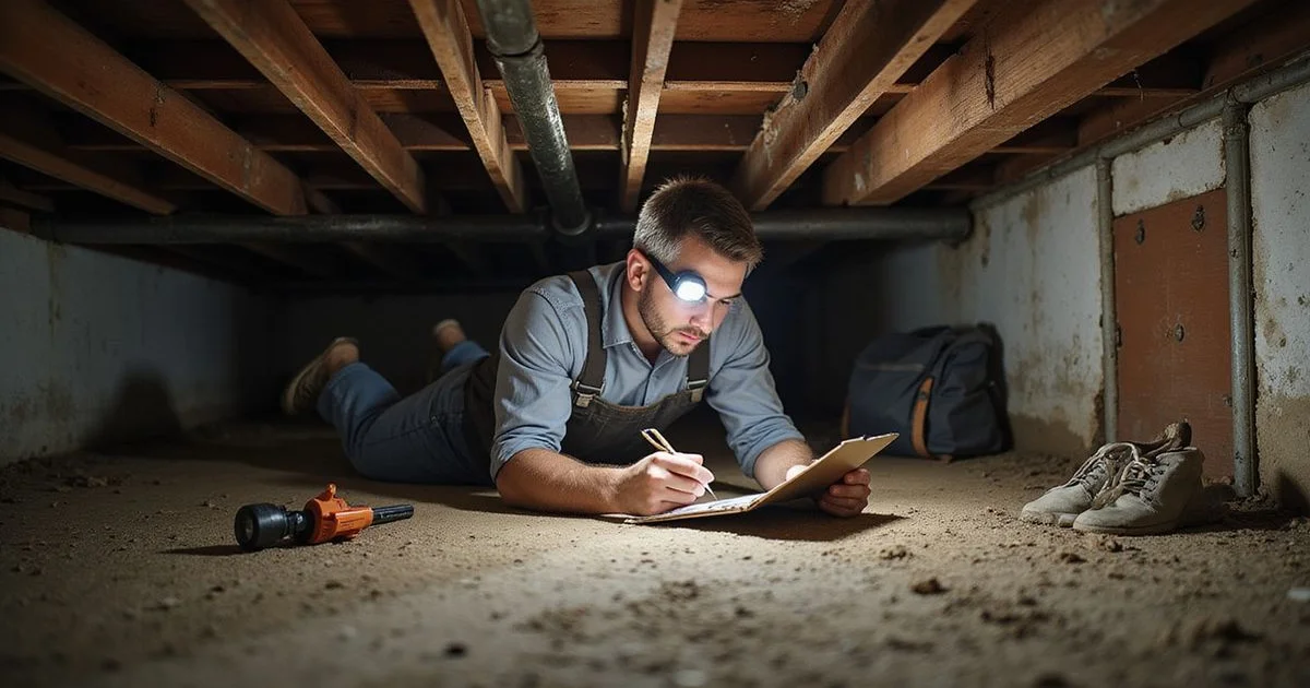 Contractor inspecting crawl space framing while weighing repair options