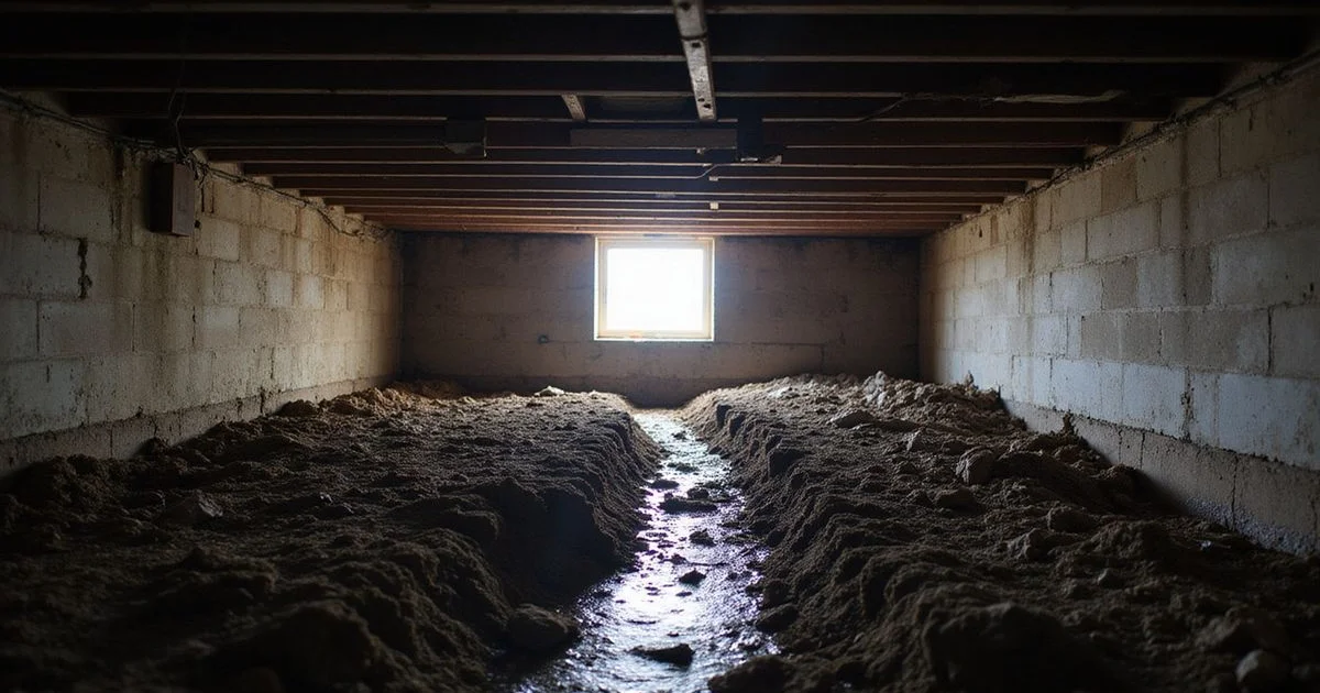 Damp crawl space with darkened wood beams and standing moisture under work light