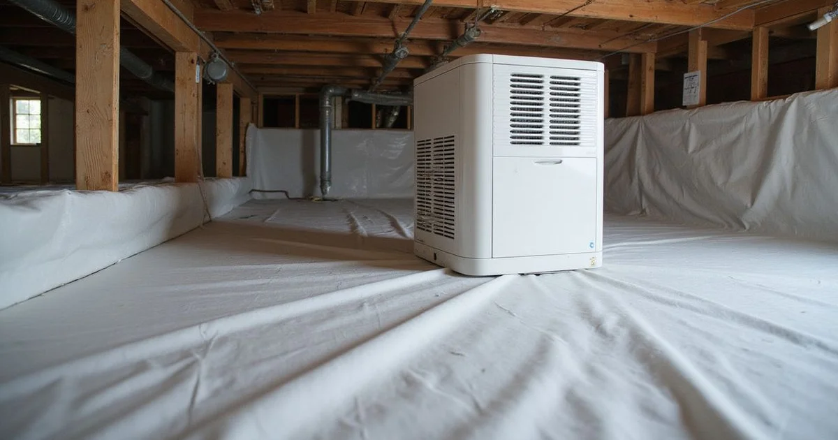 Dehumidifier installed in an encapsulated crawl space on a clean vapour barrier