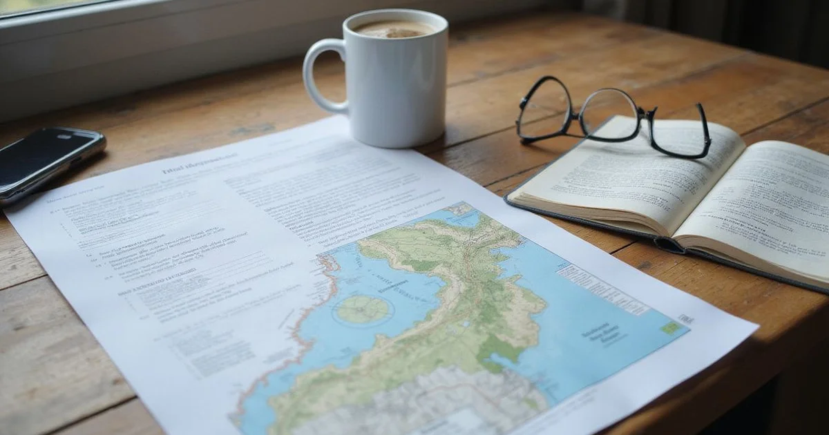 Desk with printed permit documents, a geological survey map, and a notebook of annotated references
