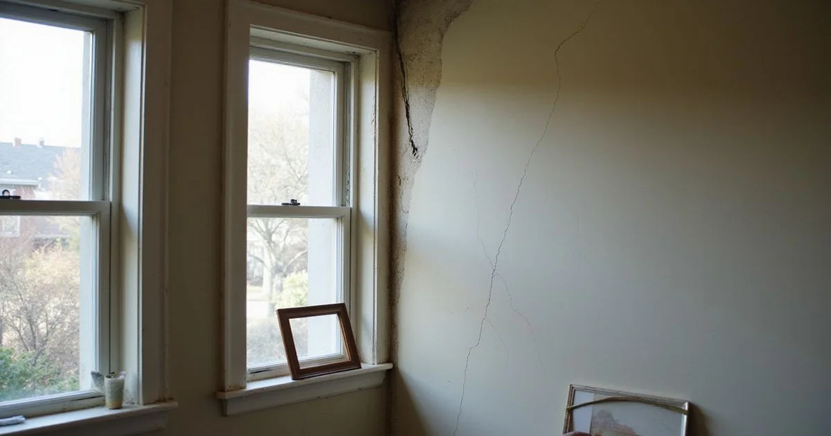 Diagonal crack running from a window corner in an older Seattle home