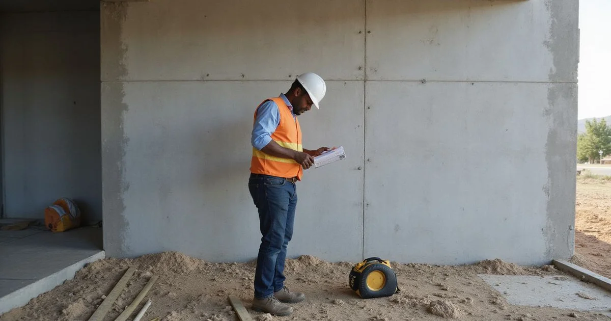 Engineer taking measurements at a residential foundation with a clipboard