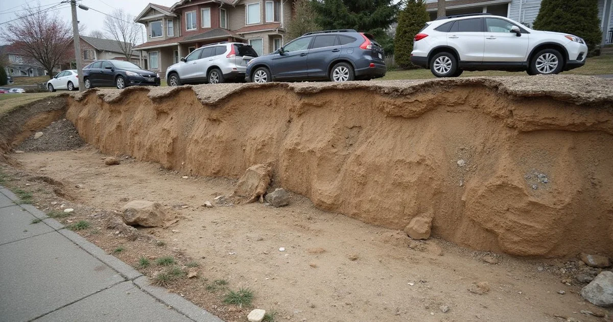 Exposed hillside soil layers on a Seattle slope showing distinct glacial strata
