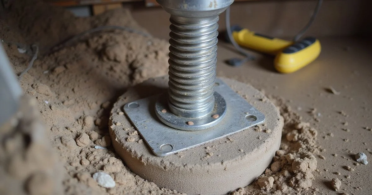 Foundation anchor bolt and plate installed on a sill plate in a crawl space