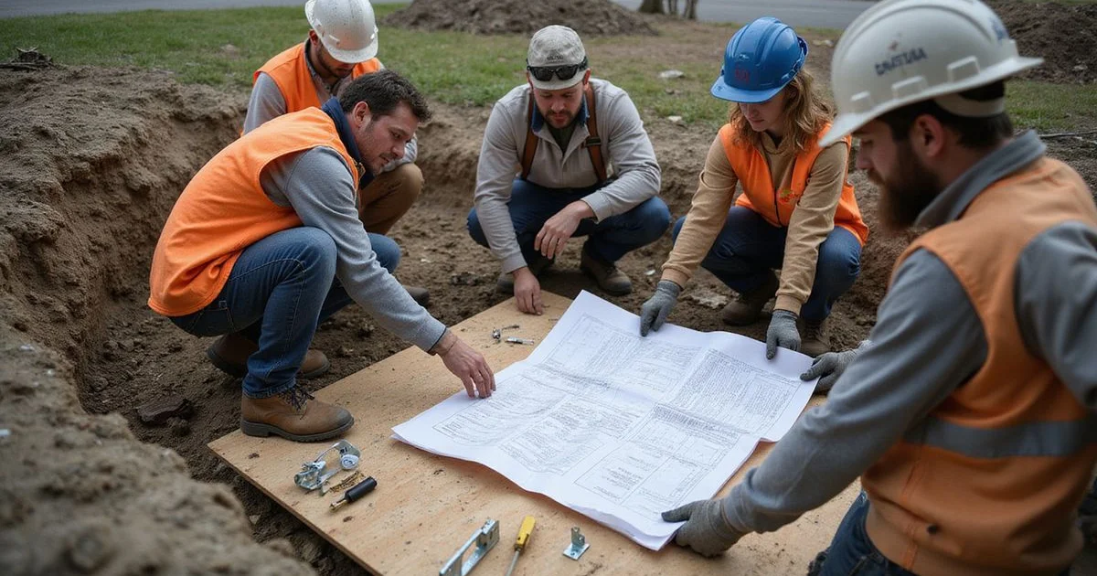 Foundation repair crew reviewing a plan beside an excavated footing on a Seattle residential lot