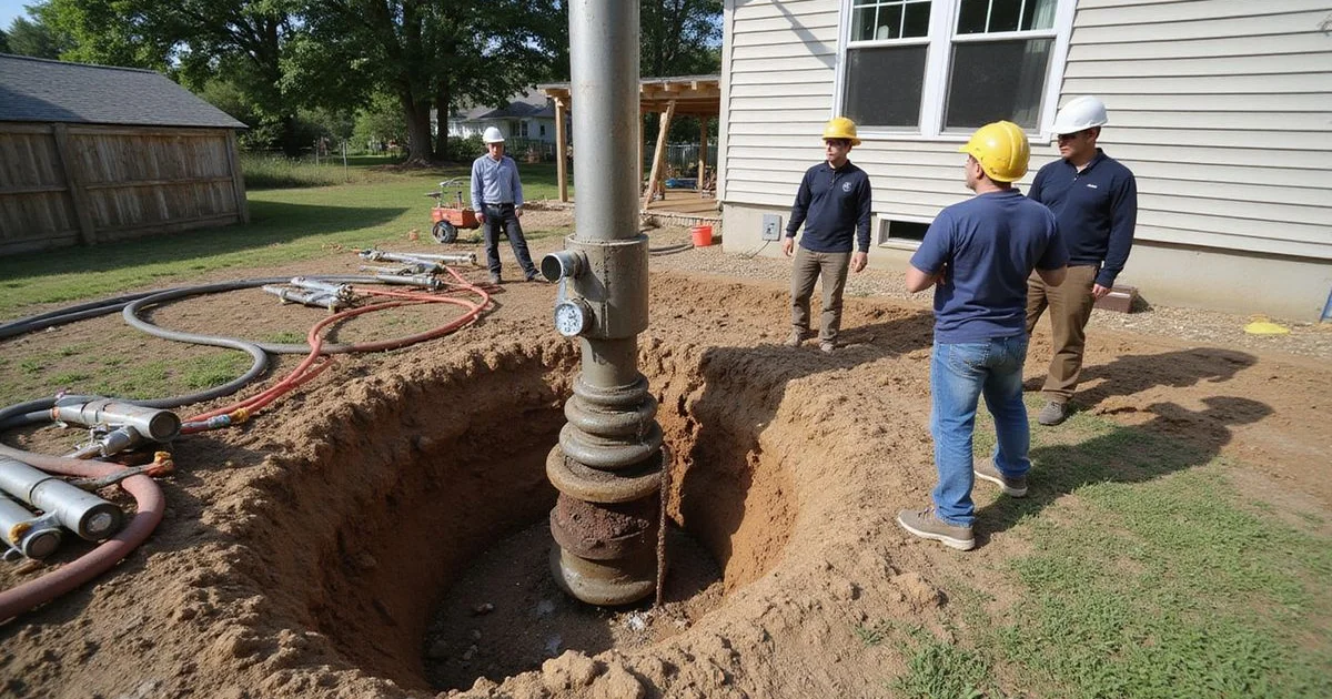 Helical pier being advanced with a hydraulic torque motor at a residential foundation