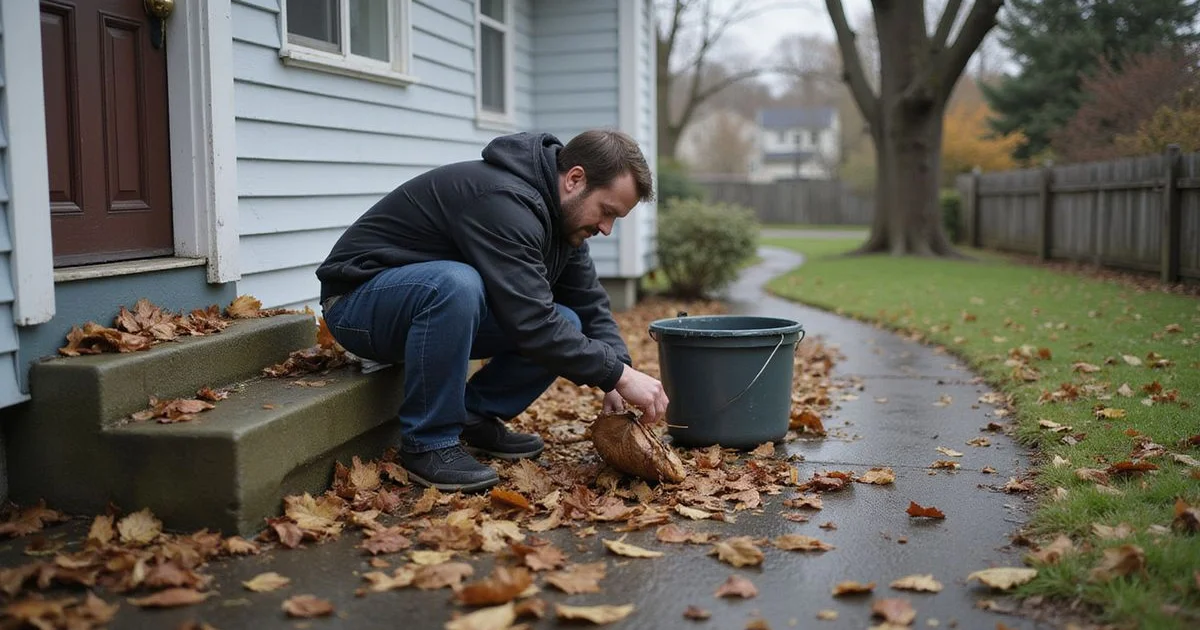 Homeowner clearing leaves from a downspout beside a Seattle home in autumn