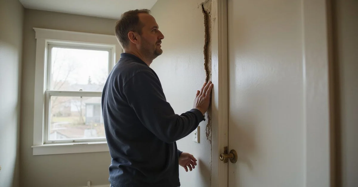Homeowner examining a diagonal crack near a doorframe in an older Seattle home