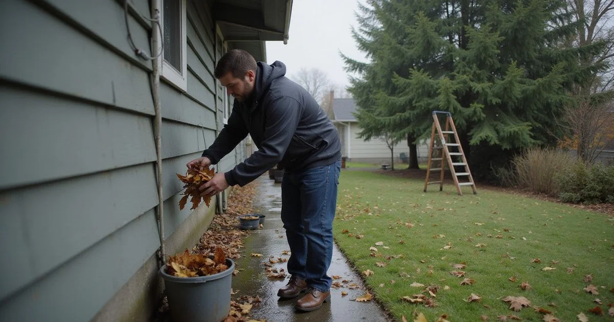 Homeowner clearing wet leaves from a gutter downspout beside an older Seattle house on a grey autumn afternoon