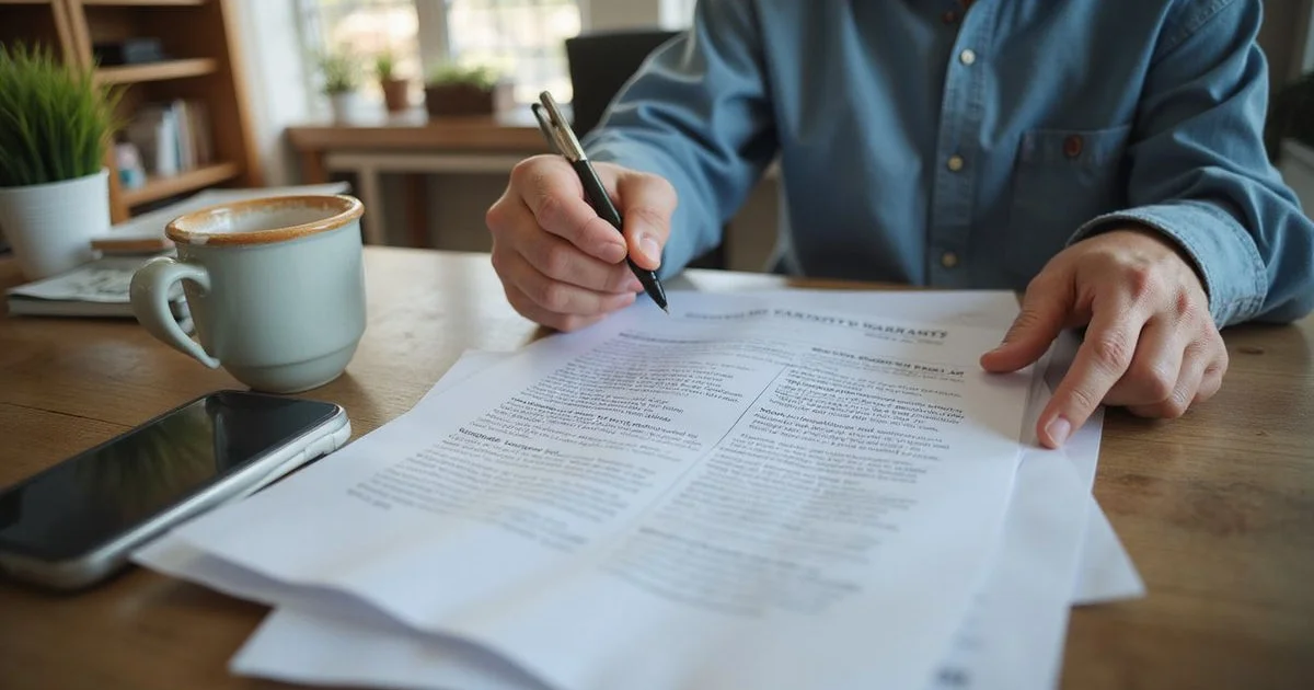 Homeowner reading a printed warranty document at a desk in a bright home office