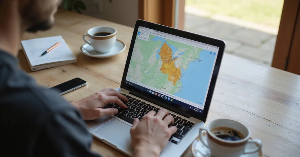 Homeowner viewing a regional hazard map on a laptop screen at a desk