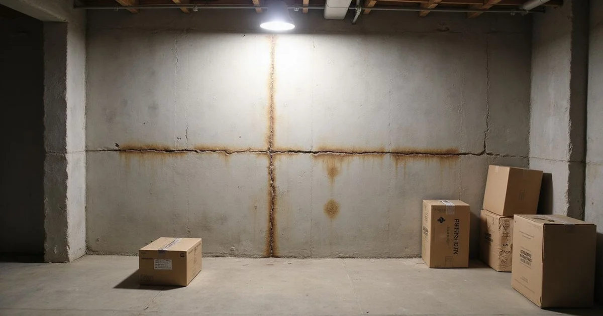 Horizontal crack across a poured concrete basement wall under work light