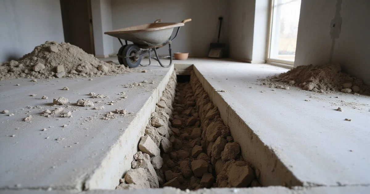 Interior perimeter drain trench being installed along a basement floor