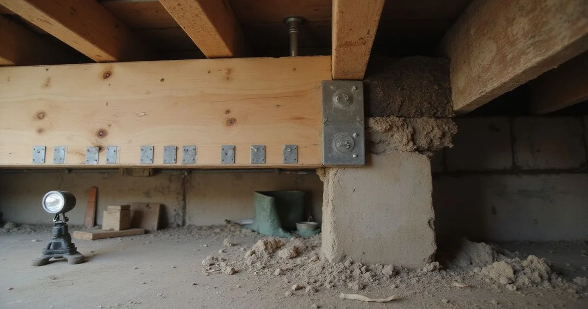 Sistered new joist beside a decayed original beam in a crawl space