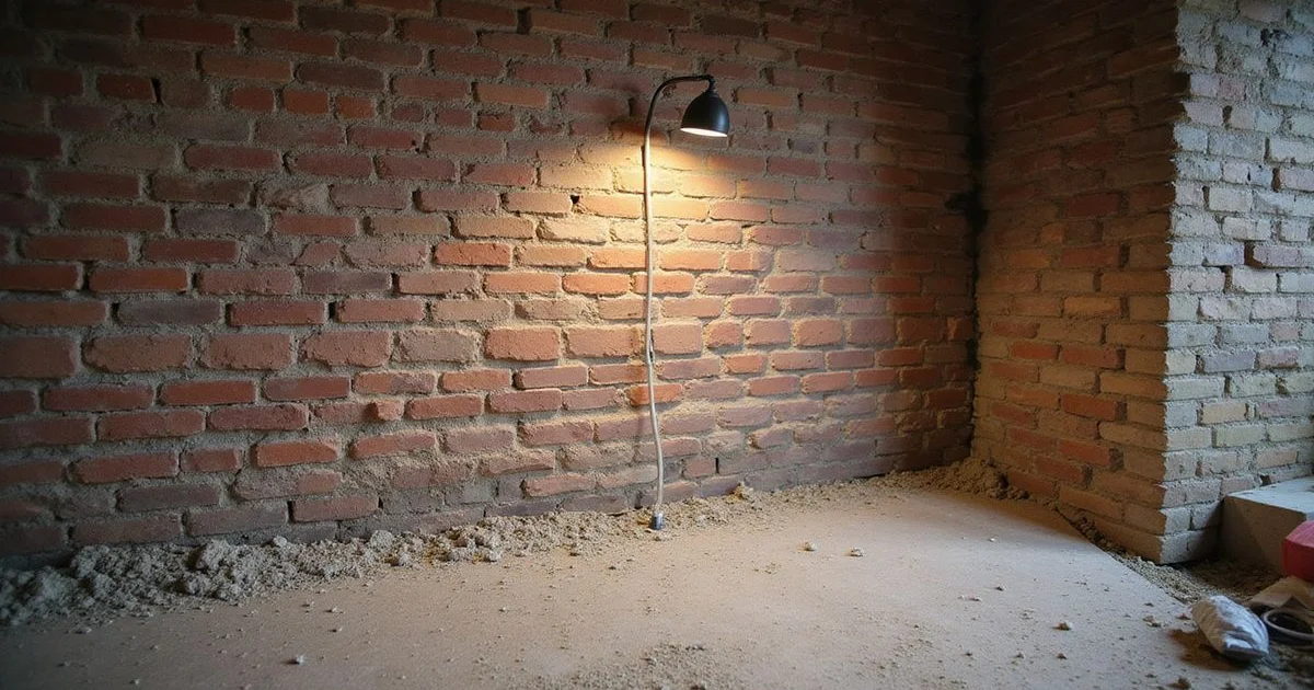 Old brick foundation wall in a historic Seattle basement under work light