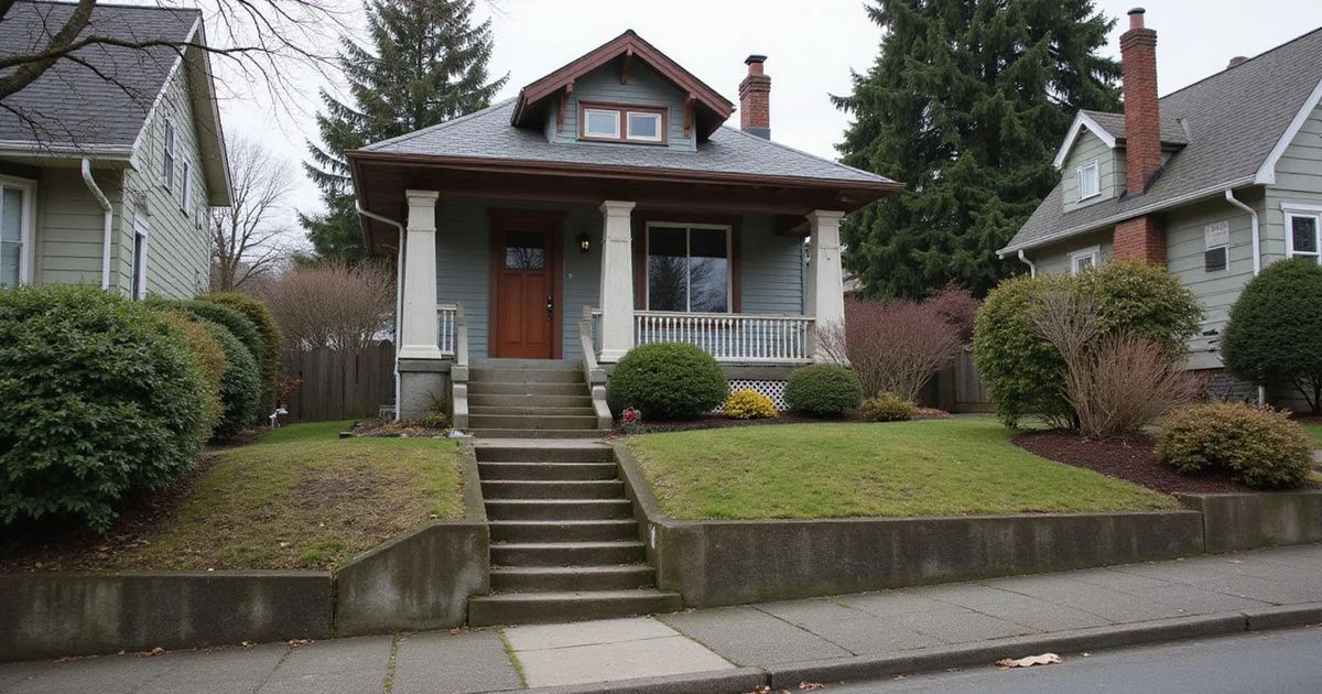 Older Craftsman house on a steep Seattle hillside street with a daylight basement and mature evergreens