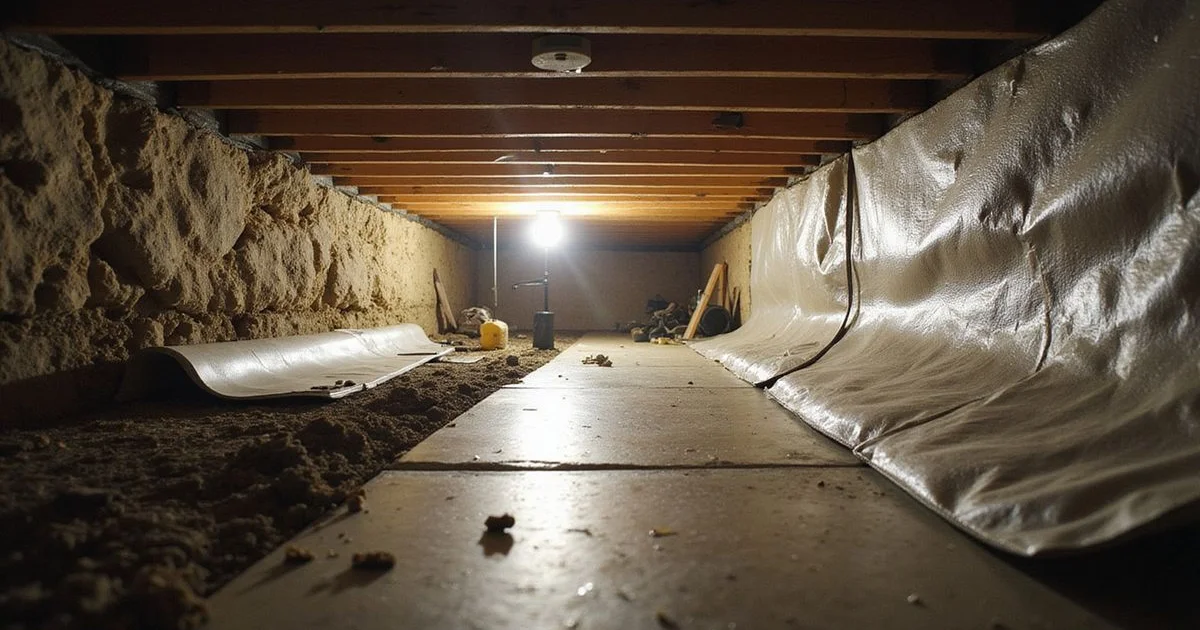 Partial vapour barrier over crawl space soil beside a fully encapsulated section