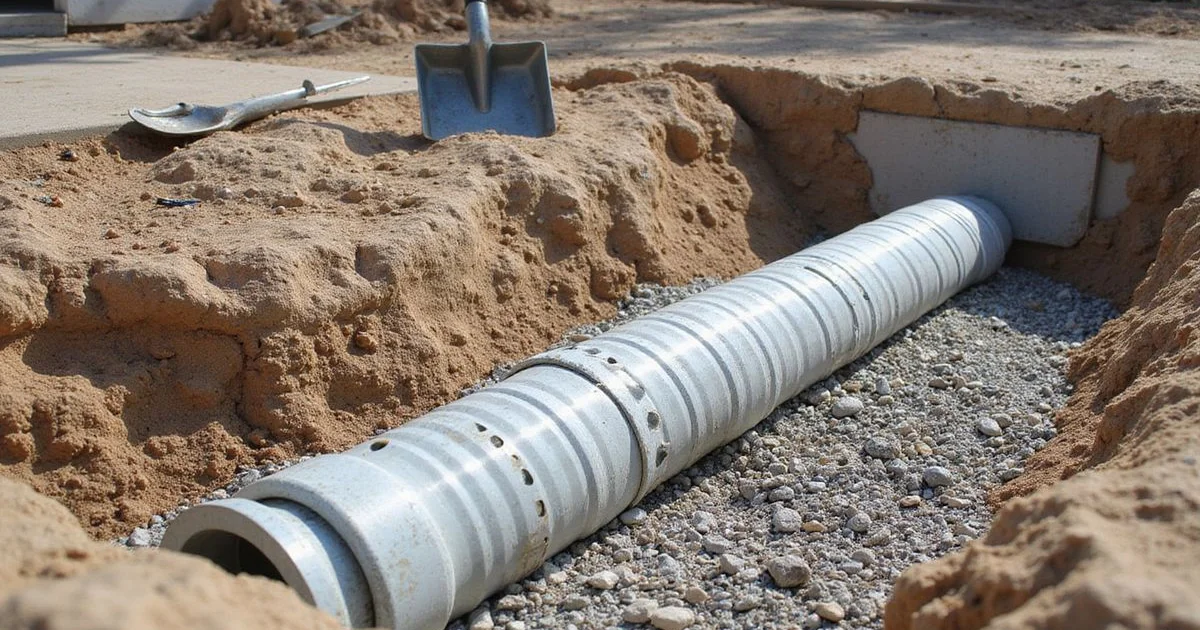 Perforated drain pipe in a gravel-filled trench beside a foundation footing