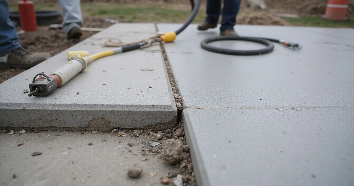 Polyurethane foam lifting a settled walkway slab back to level