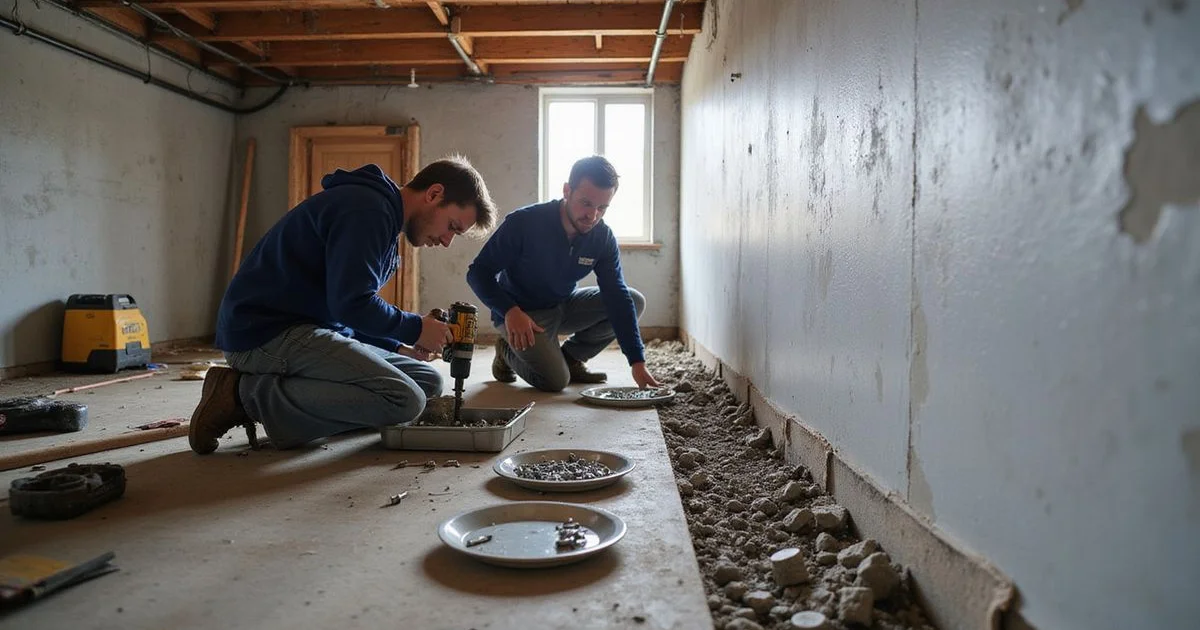 Retrofit crew installing anchors along a foundation sill in a Seattle basement