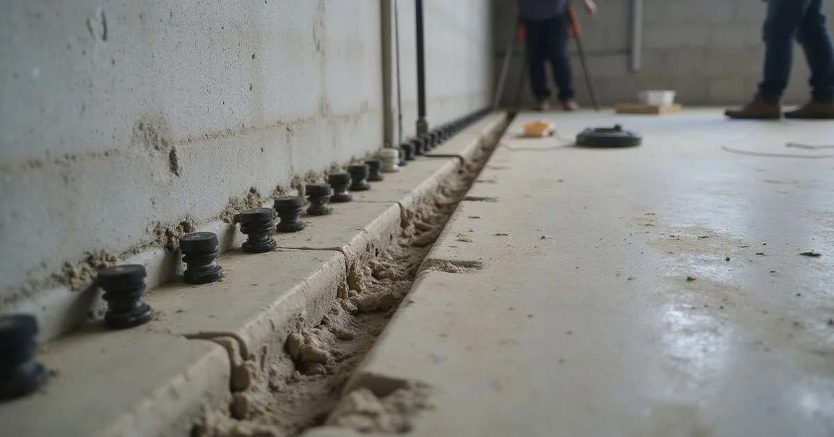 Epoxy injection ports along a basement wall crack, close-up