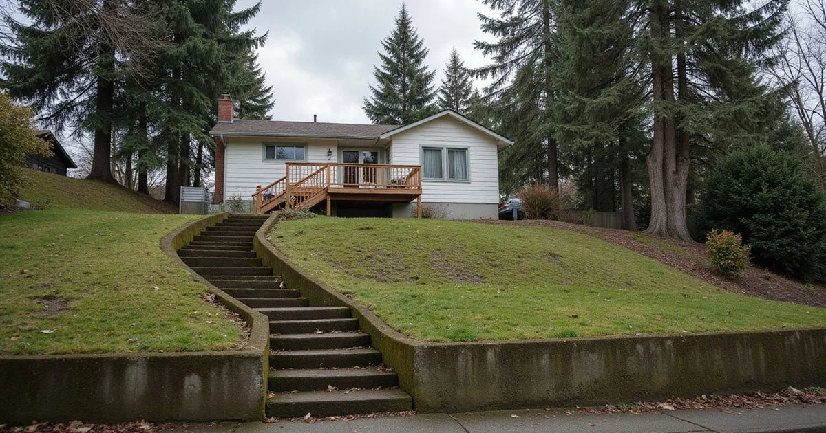 Steep-slope Seattle residential lot with evergreens above a daylight basement home