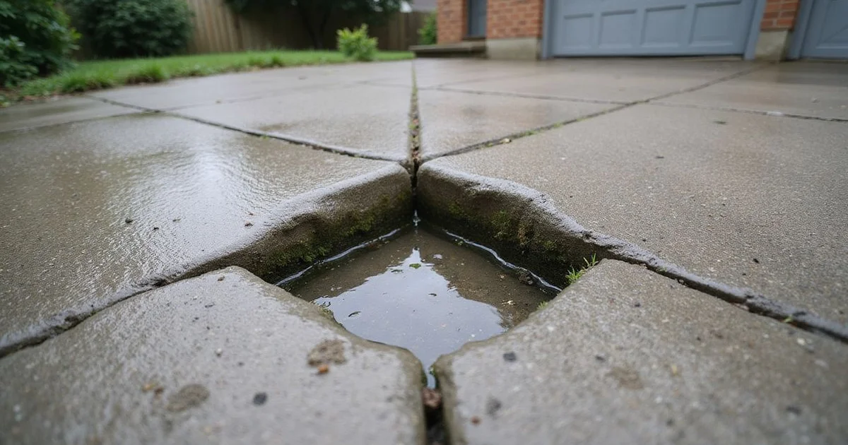 Sunken section of a residential concrete driveway with a lip at the joint