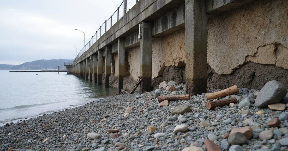 Waterfront bulkhead along Puget Sound with undermining at the base
