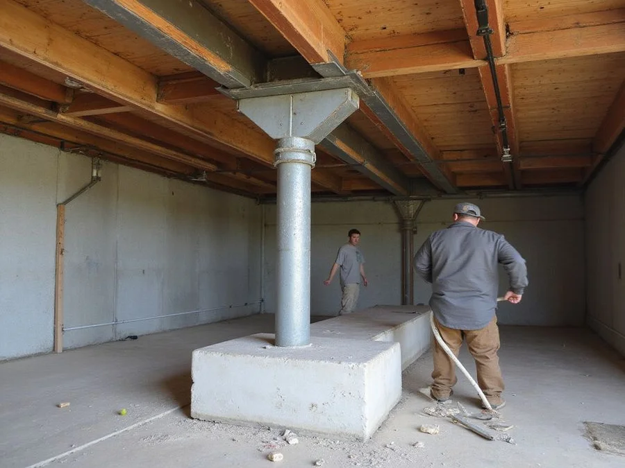 Adjustable steel support post carrying a repaired girder above a new concrete footing pad
