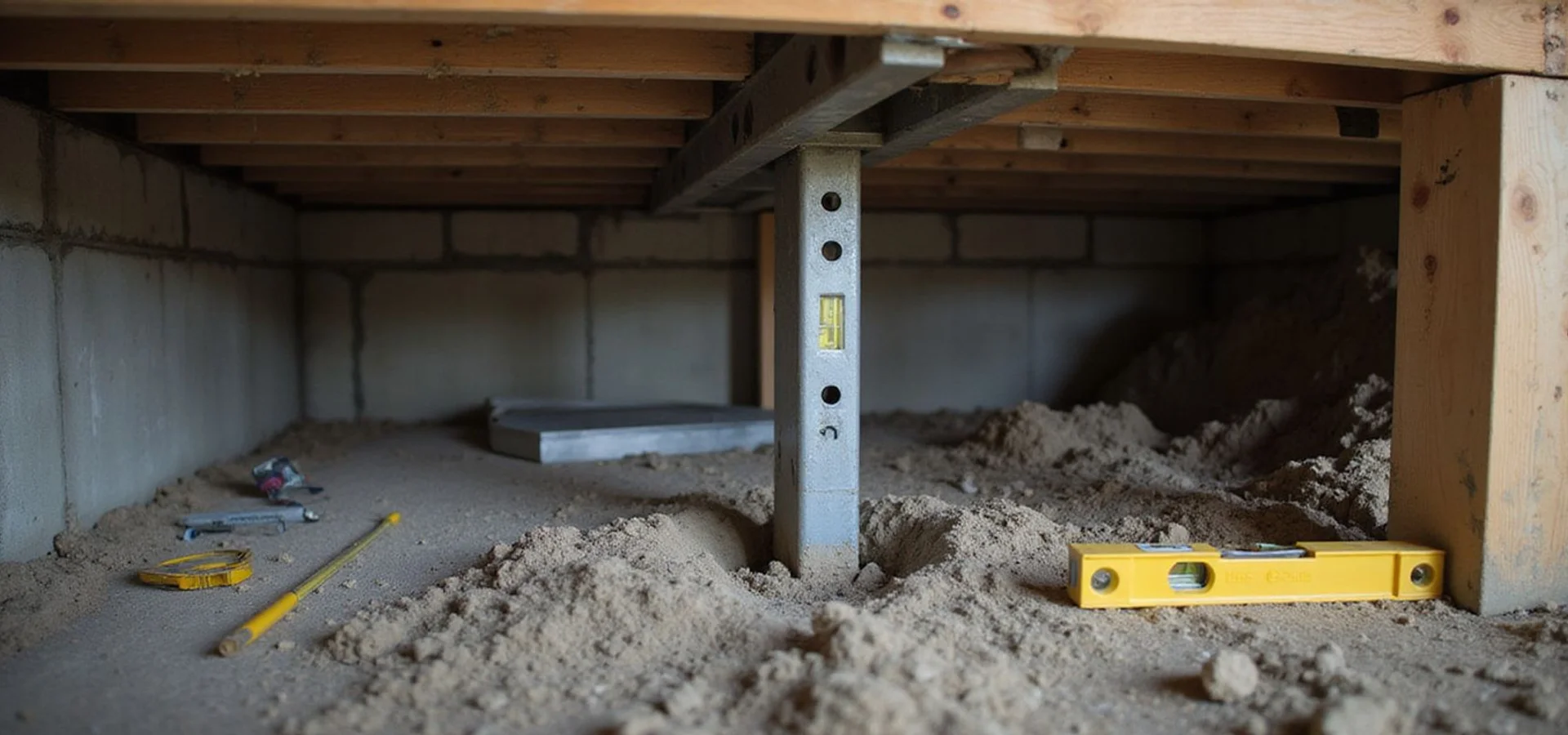 Adjustable steel support post carrying a wood girder above a new concrete footing pad in a crawl space