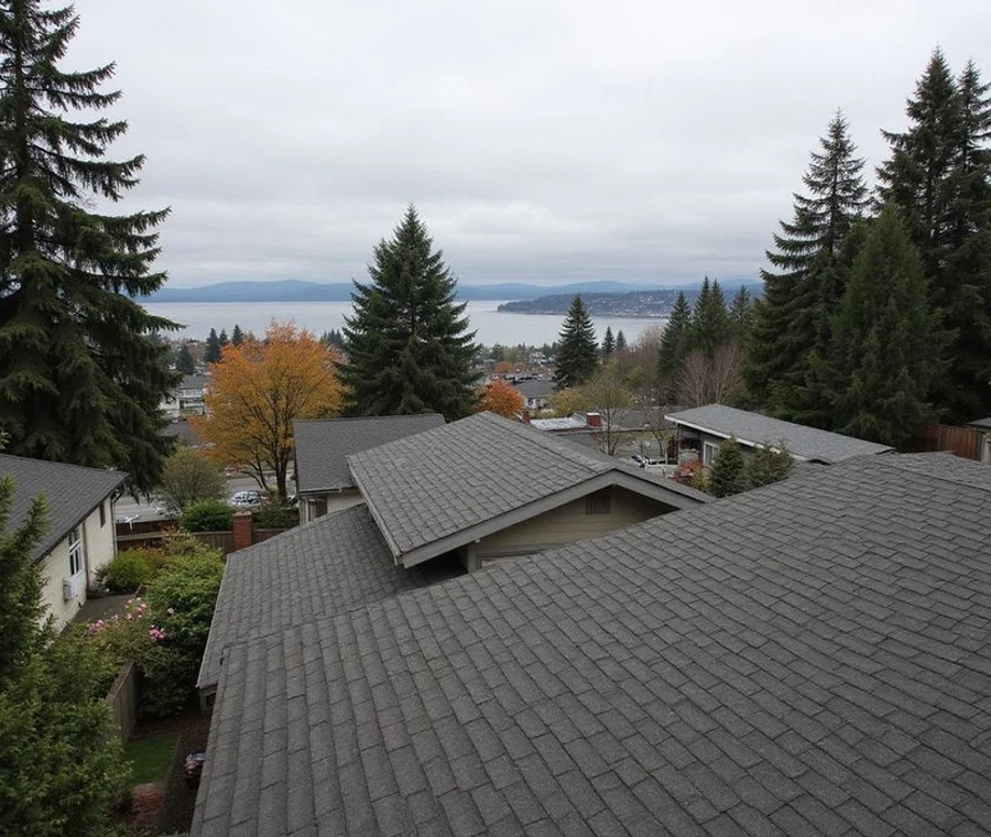 Residential Seattle hillside neighbourhood of Craftsman homes with evergreens and Puget Sound in the distance