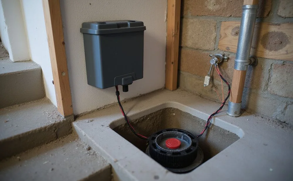 Battery backup unit mounted beside a sump basin with wiring and secondary pump float visible